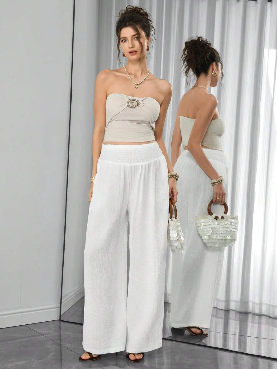 Maternity Cotton Wide Leg Pants - Drawstring Waist, Shirred, Pocket, Loose, High Waist, White