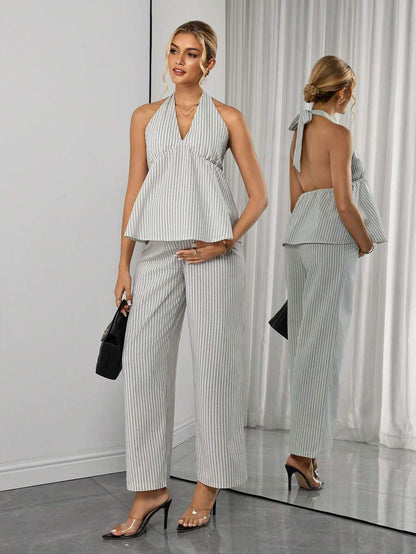 Maternity 2-Piece Set - Halter Tie Back Top & Striped Straight Pants, Slim Fit, White
