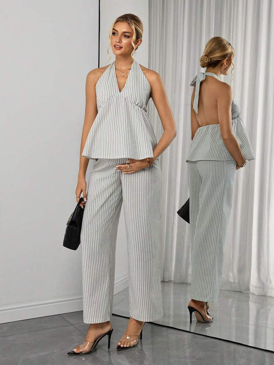 Maternity 2-Piece Set - Halter Tie Back Top & Striped Straight Pants, Slim Fit, White