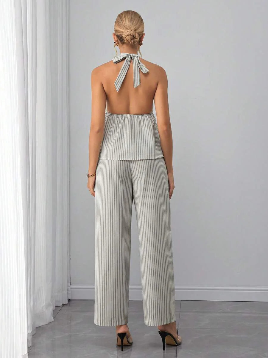 Maternity 2-Piece Set - Halter Tie Back Top & Striped Straight Pants, Slim Fit, White