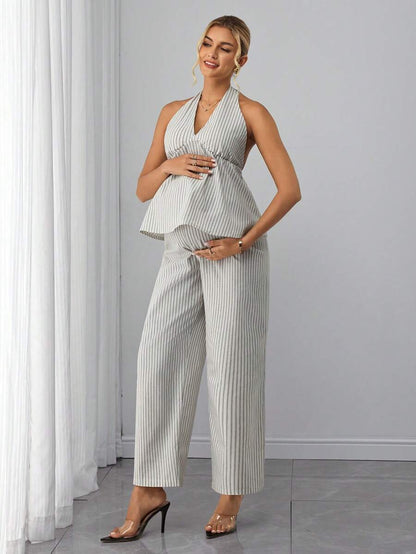 Maternity 2-Piece Set - Halter Tie Back Top & Striped Straight Pants, Slim Fit, White