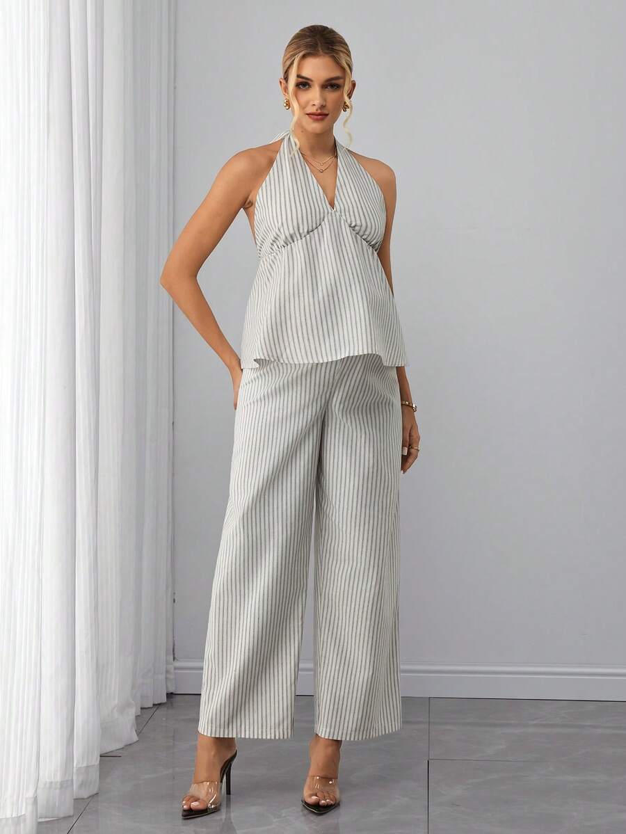 Maternity 2-Piece Set - Halter Tie Back Top & Striped Straight Pants, Slim Fit, White