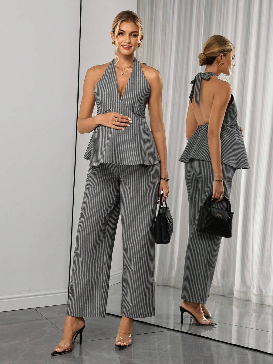 Maternity 2-Piece Set - Halter Tie Back Top & Striped Straight Pants, Slim Fit, White