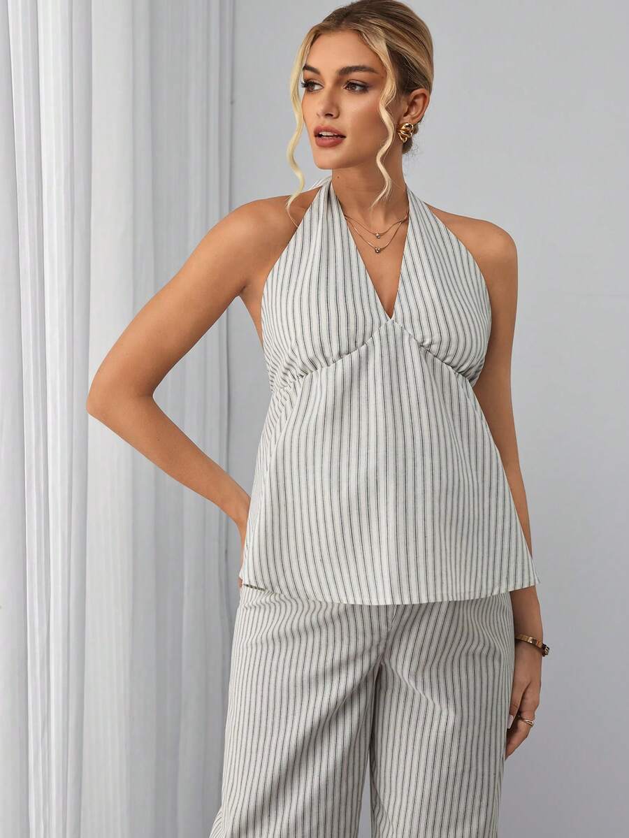 Maternity 2-Piece Set - Halter Tie Back Top & Striped Straight Pants, Slim Fit, White