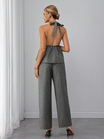 Maternity 2-Piece Set - Halter Tie Back Top & Striped Straight Pants, Slim Fit, White
