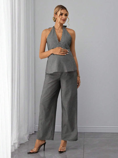 Maternity 2-Piece Set - Halter Tie Back Top & Striped Straight Pants, Slim Fit, White