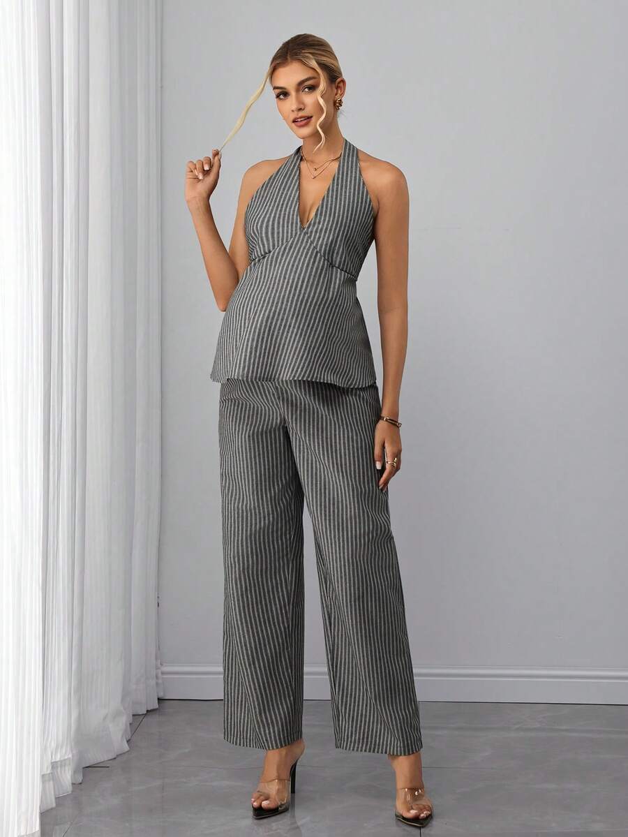 Maternity 2-Piece Set - Halter Tie Back Top & Striped Straight Pants, Slim Fit, White