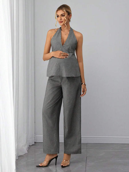 Maternity 2-Piece Set - Halter Tie Back Top & Striped Straight Pants, Slim Fit, White