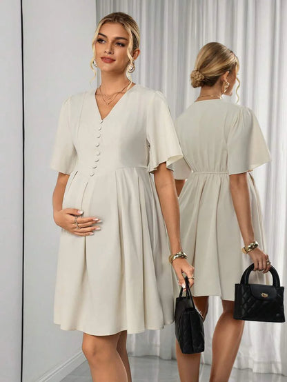 Maternity A-Line Knee Dress - Notched V Neck, Half Sleeve, Ruffle, Slim Fit, Apricot