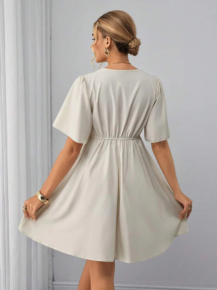 Maternity A-Line Knee Dress - Notched V Neck, Half Sleeve, Ruffle, Slim Fit, Apricot