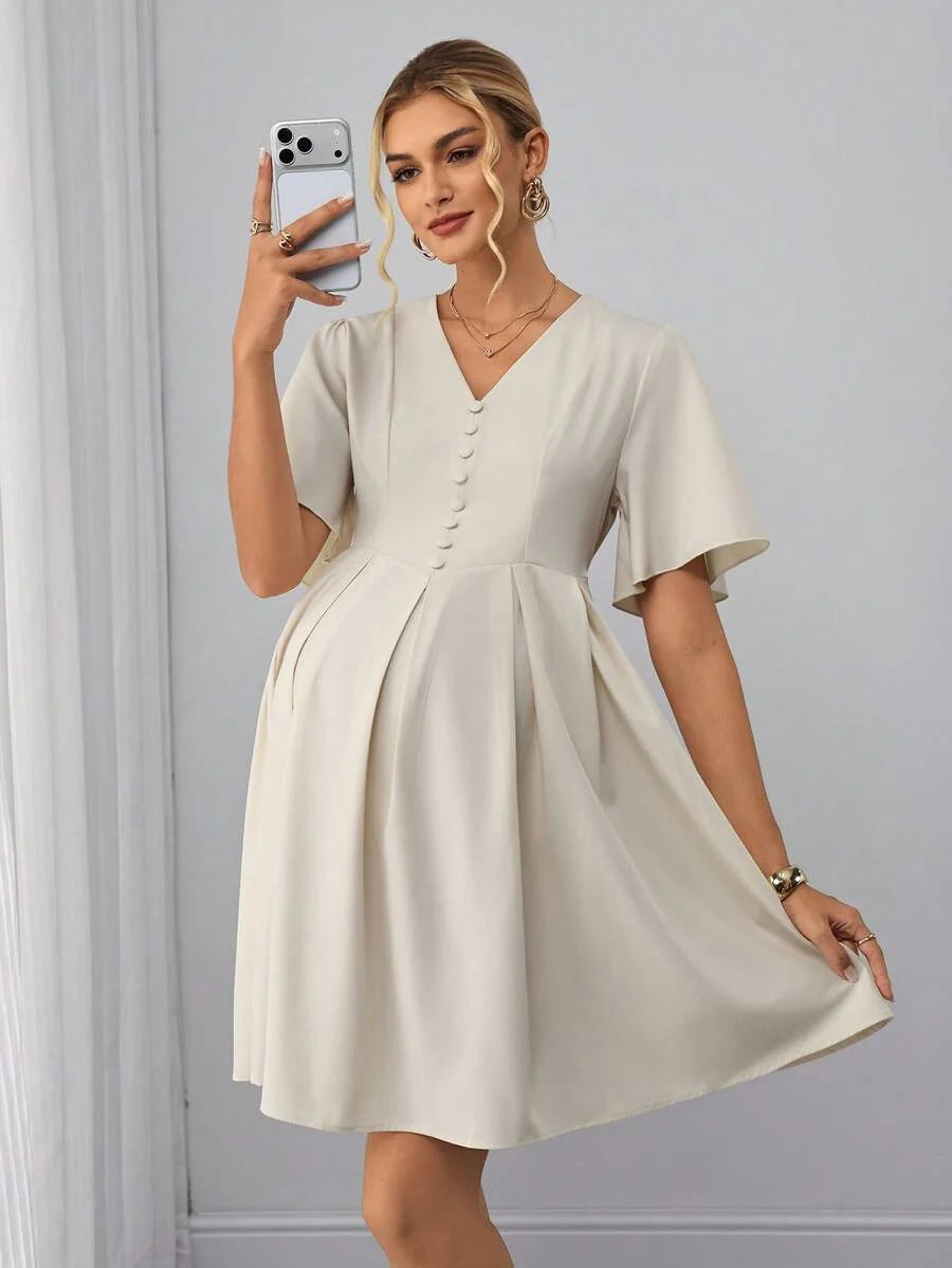 Maternity A-Line Knee Dress - Notched V Neck, Half Sleeve, Ruffle, Slim Fit, Apricot