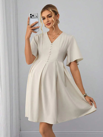 Maternity A-Line Knee Dress - Notched V Neck, Half Sleeve, Ruffle, Slim Fit, Apricot