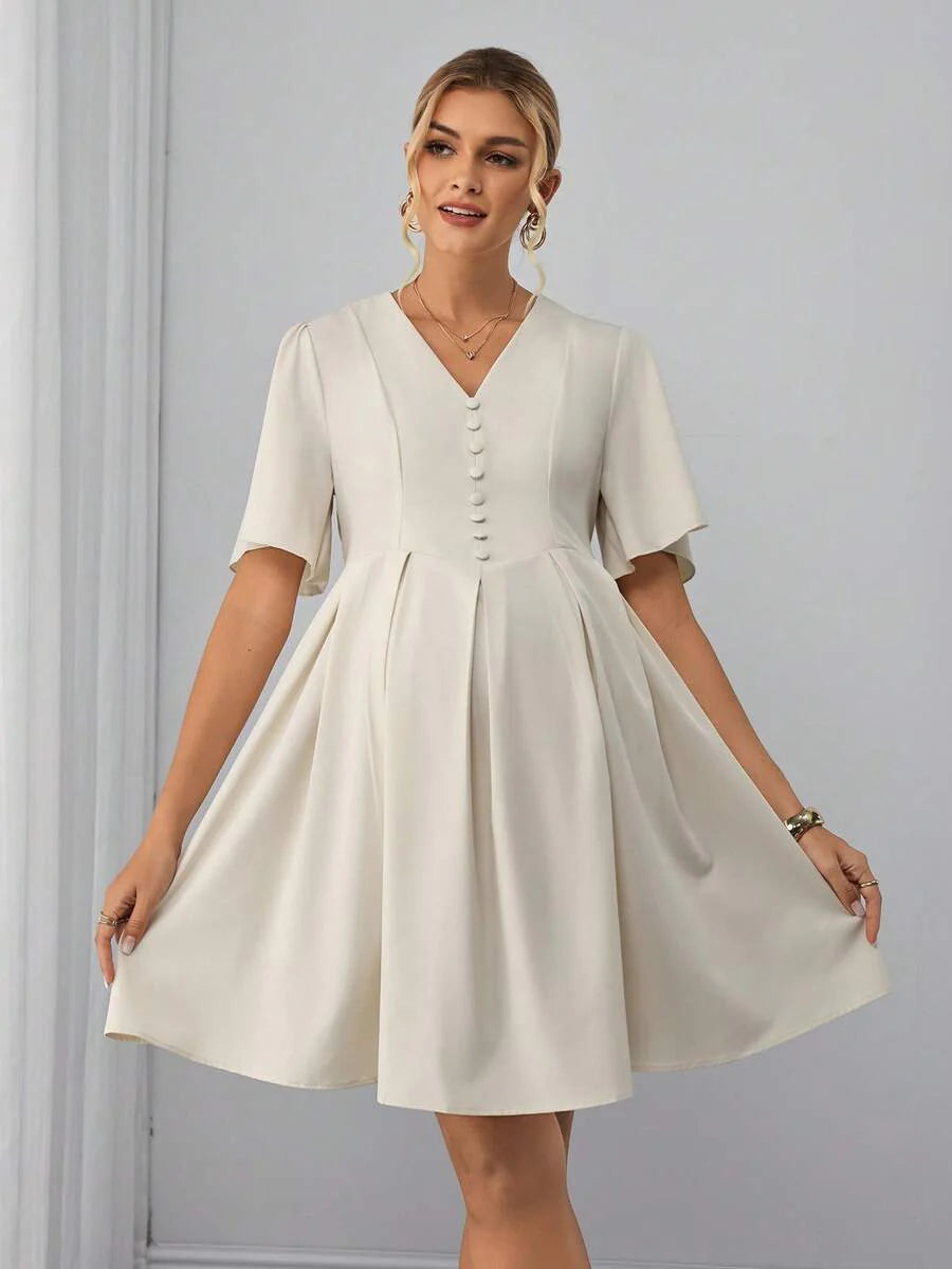 Maternity A-Line Knee Dress - Notched V Neck, Half Sleeve, Ruffle, Slim Fit, Apricot