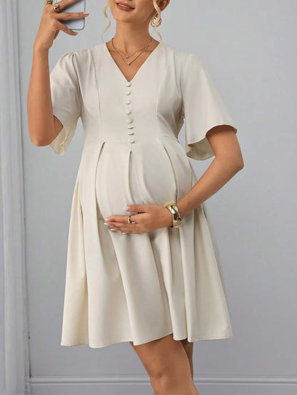 Maternity A-Line Knee Dress - Notched V Neck, Half Sleeve, Ruffle, Slim Fit, Apricot