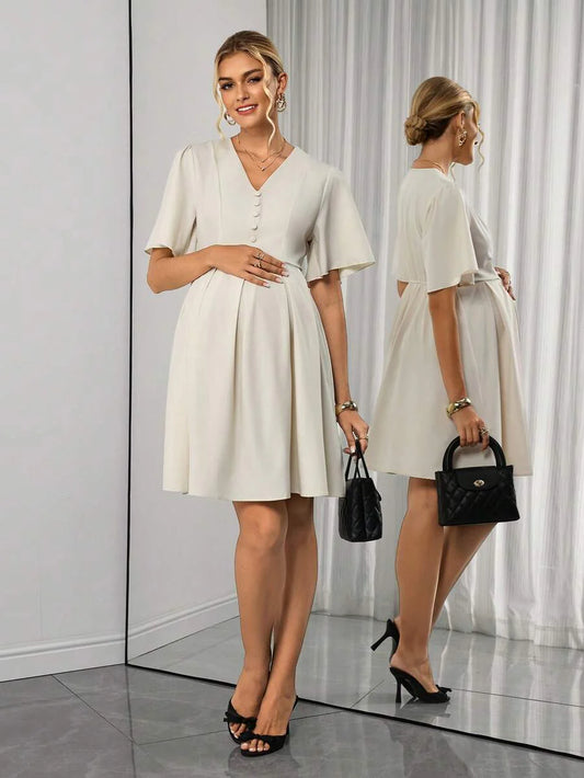 Maternity A-Line Knee Dress - Notched V Neck, Half Sleeve, Ruffle, Slim Fit, Apricot