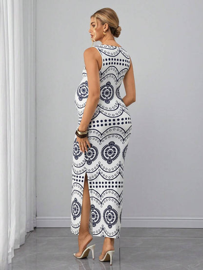 Maternity Printed Tank Long Dress - Scoop Neck, Sleeveless, Split Hem, Regular Fit, White