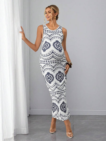 Maternity Printed Tank Long Dress - Scoop Neck, Sleeveless, Split Hem, Regular Fit, White