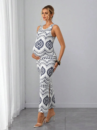 Maternity Printed Tank Long Dress - Scoop Neck, Sleeveless, Split Hem, Regular Fit, White
