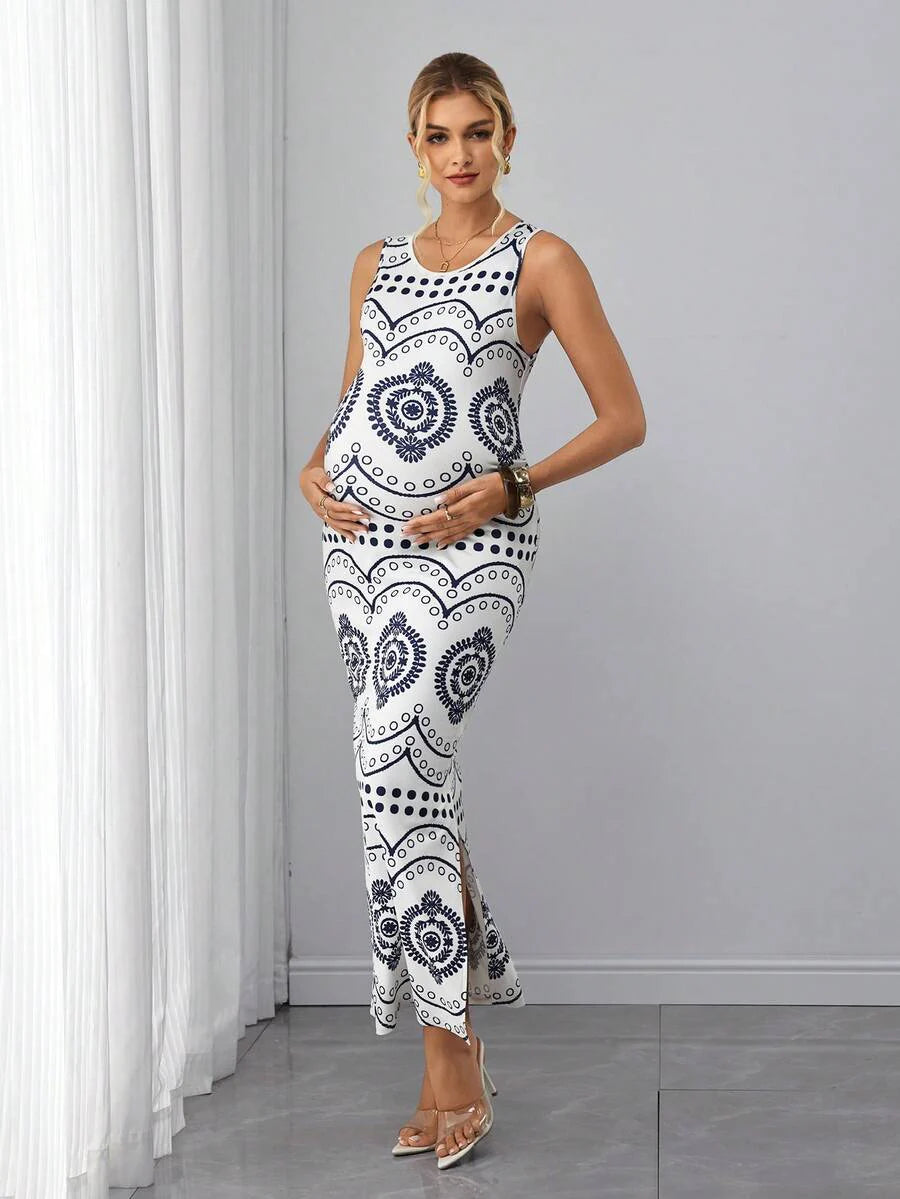 Maternity Printed Tank Long Dress - Scoop Neck, Sleeveless, Split Hem, Regular Fit, White