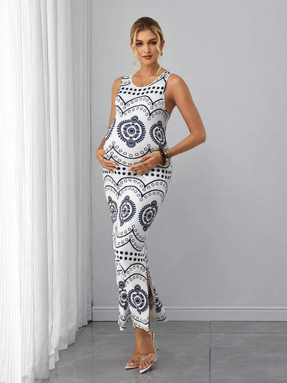 Maternity Printed Tank Long Dress - Scoop Neck, Sleeveless, Split Hem, Regular Fit, White