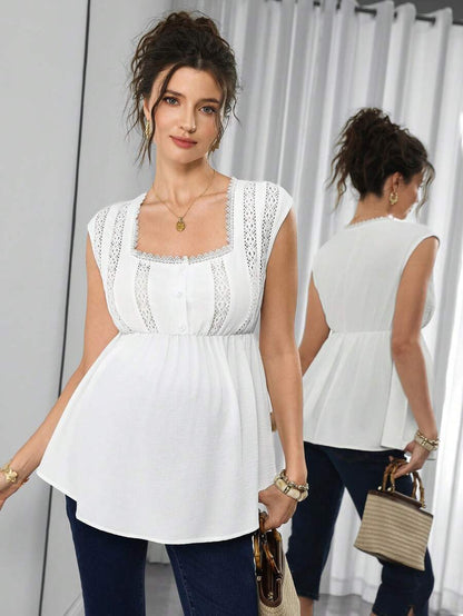 Maternity French Blouse - Square Neck, Cap Sleeve, Contrast Lace, Ruffle Hem, Slim Fit, White