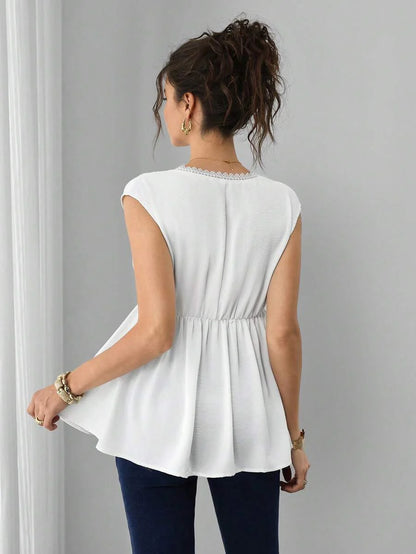 Maternity French Blouse - Square Neck, Cap Sleeve, Contrast Lace, Ruffle Hem, Slim Fit, White
