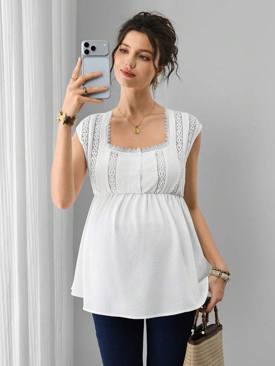 Maternity French Blouse - Square Neck, Cap Sleeve, Contrast Lace, Ruffle Hem, Slim Fit, White
