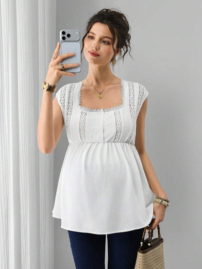 Maternity French Blouse - Square Neck, Cap Sleeve, Contrast Lace, Ruffle Hem, Slim Fit, White