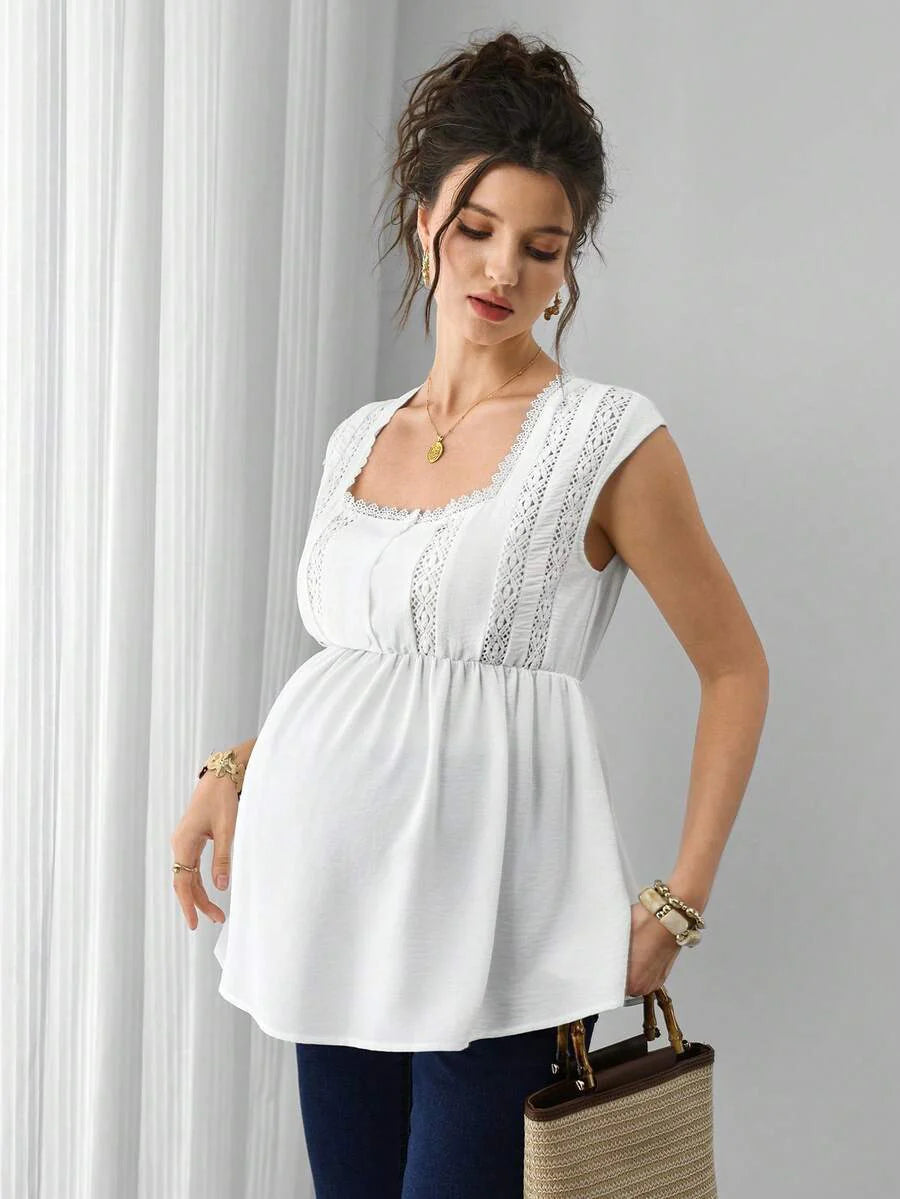 Maternity French Blouse - Square Neck, Cap Sleeve, Contrast Lace, Ruffle Hem, Slim Fit, White