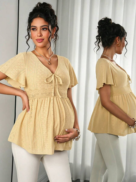 Maternity Hollow Embroidered Tee - V Neck, Puff Short Sleeve, Contrast Lace, Ruched, Yellow