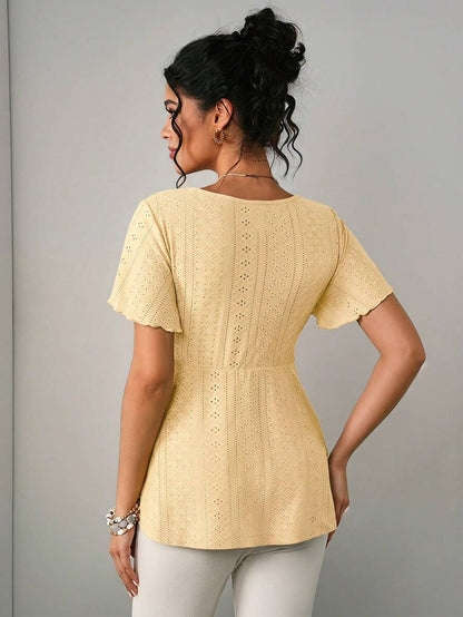 Maternity Hollow Embroidered Tee - V Neck, Puff Short Sleeve, Contrast Lace, Ruched, Yellow