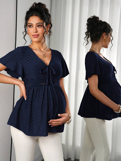 Maternity Hollow Embroidered Tee - V Neck, Puff Short Sleeve, Contrast Lace, Ruched, Yellow