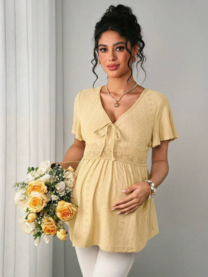 Maternity Hollow Embroidered Tee - V Neck, Puff Short Sleeve, Contrast Lace, Ruched, Yellow