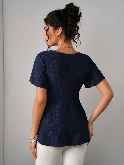 Maternity Hollow Embroidered Tee - V Neck, Puff Short Sleeve, Contrast Lace, Ruched, Yellow