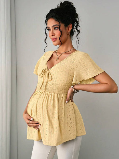 Maternity Hollow Embroidered Tee - V Neck, Puff Short Sleeve, Contrast Lace, Ruched, Yellow