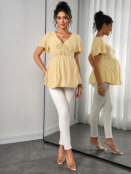 Maternity Hollow Embroidered Tee - V Neck, Puff Short Sleeve, Contrast Lace, Ruched, Yellow