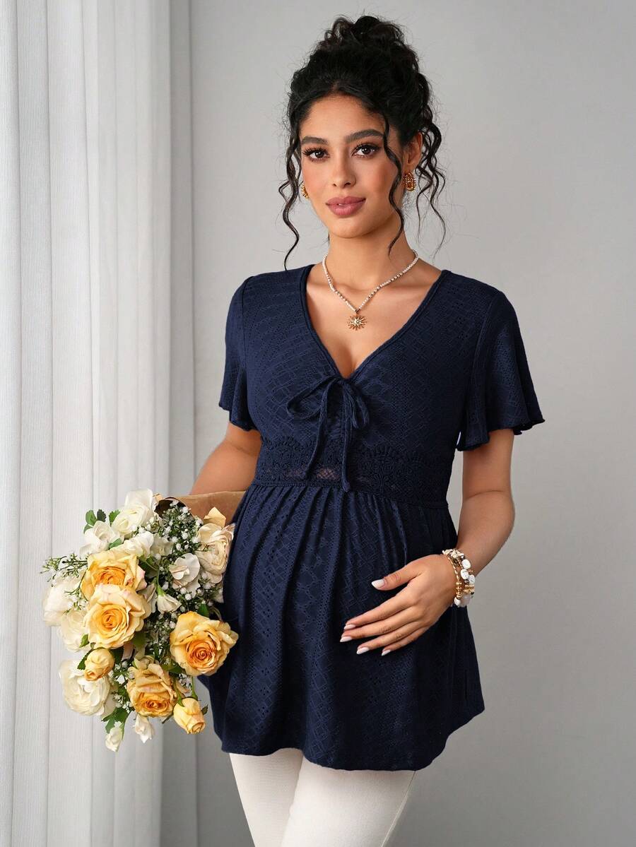 Maternity Hollow Embroidered Tee - V Neck, Puff Short Sleeve, Contrast Lace, Ruched, Yellow