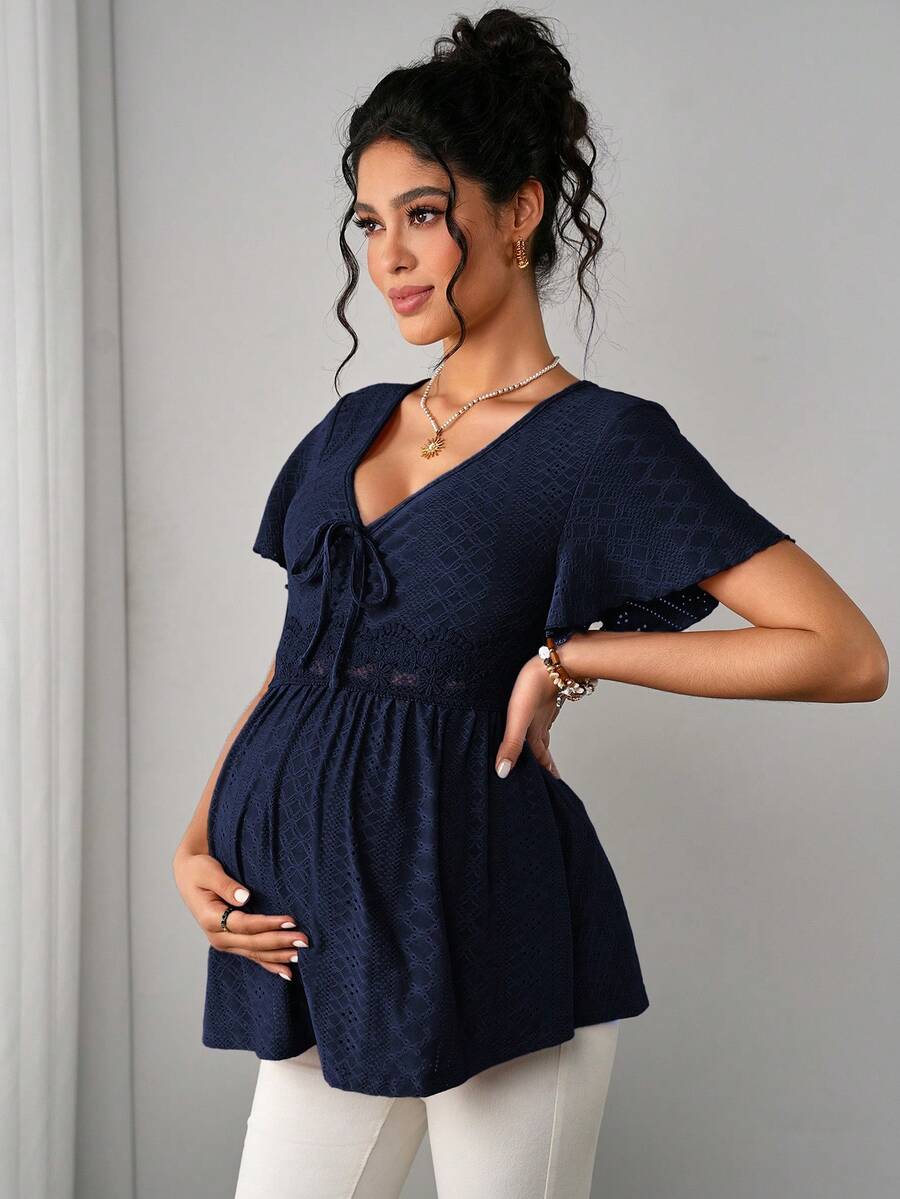 Maternity Hollow Embroidered Tee - V Neck, Puff Short Sleeve, Contrast Lace, Ruched, Yellow
