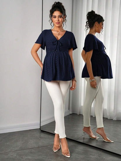 Maternity Hollow Embroidered Tee - V Neck, Puff Short Sleeve, Contrast Lace, Ruched, Yellow