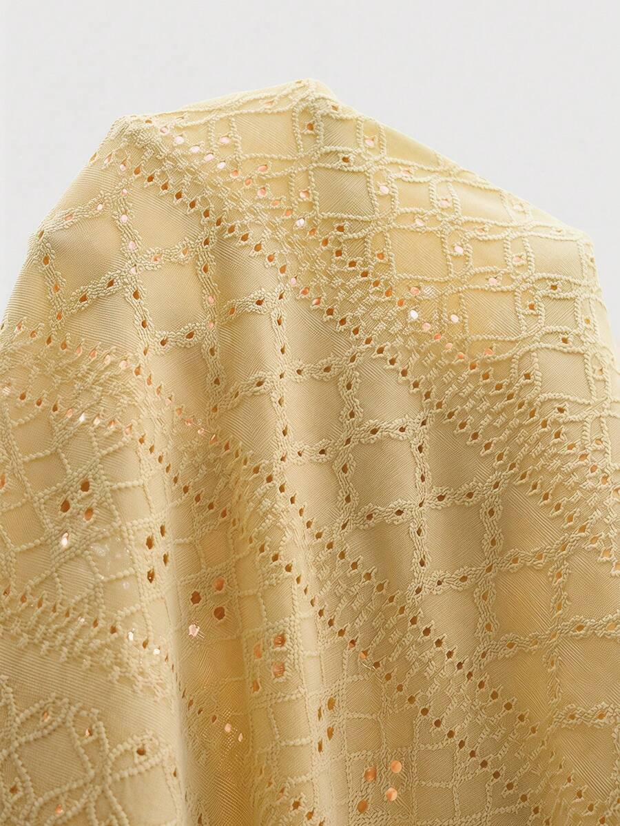 Maternity Hollow Embroidered Tee - V Neck, Puff Short Sleeve, Contrast Lace, Ruched, Yellow