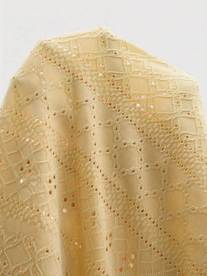 Maternity Hollow Embroidered Tee - V Neck, Puff Short Sleeve, Contrast Lace, Ruched, Yellow