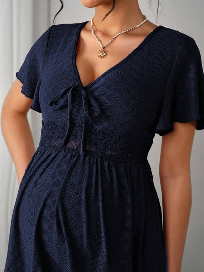 Maternity Hollow Embroidered Tee - V Neck, Puff Short Sleeve, Contrast Lace, Ruched, Yellow