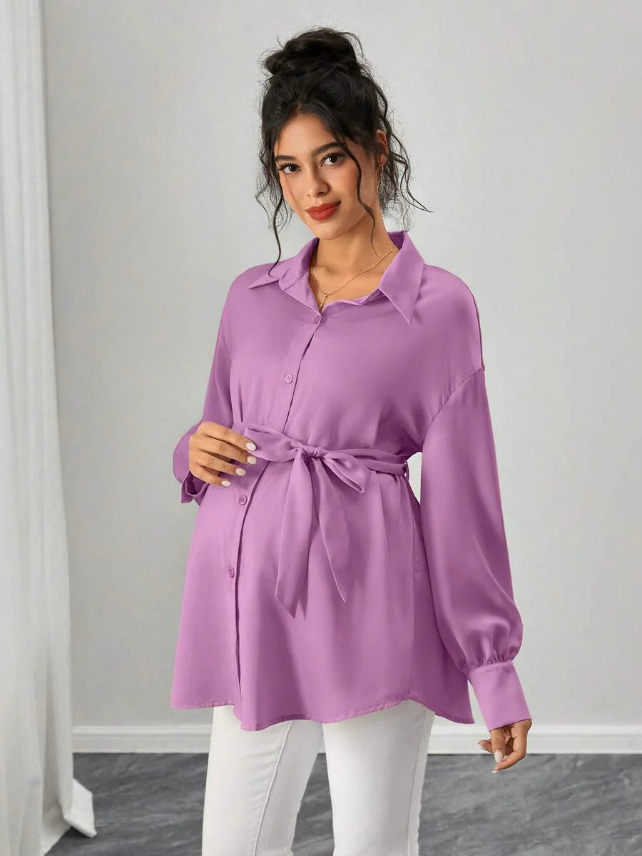 Maternity Casual Shirt - Shirt Collar, Single Breasted, Drop Shoulder, Oversized, Black