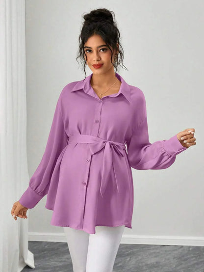 Maternity Casual Shirt - Shirt Collar, Single Breasted, Drop Shoulder, Oversized, Black
