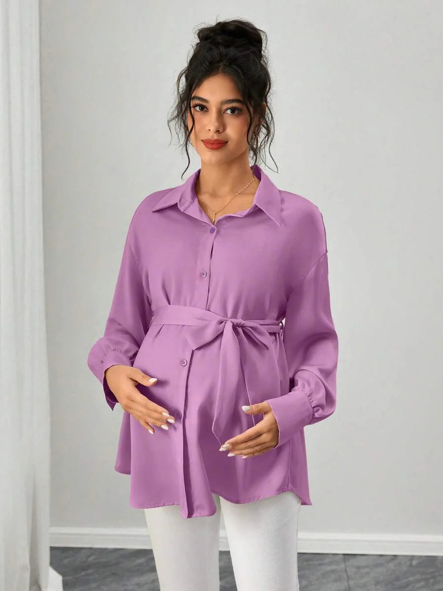 Maternity Casual Shirt - Shirt Collar, Single Breasted, Drop Shoulder, Oversized, Black