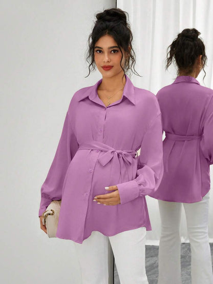 Maternity Casual Shirt - Shirt Collar, Single Breasted, Drop Shoulder, Oversized, Black