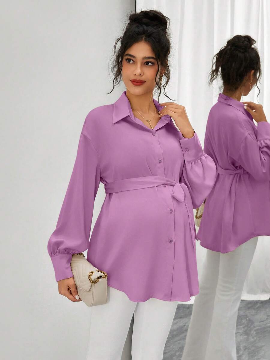 Maternity Casual Shirt - Shirt Collar, Single Breasted, Drop Shoulder, Oversized, Black