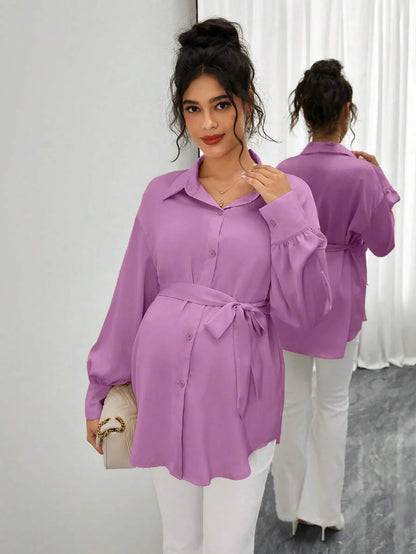 Maternity Casual Shirt - Shirt Collar, Single Breasted, Drop Shoulder, Oversized, Black