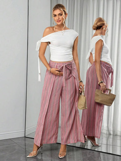 Baby Pink Striped Maternity Pants Set - Elegant Elastic Waist Wide Leg Trousers - Casual Two Piece Summer Holiday Outfit for Pregnant Women