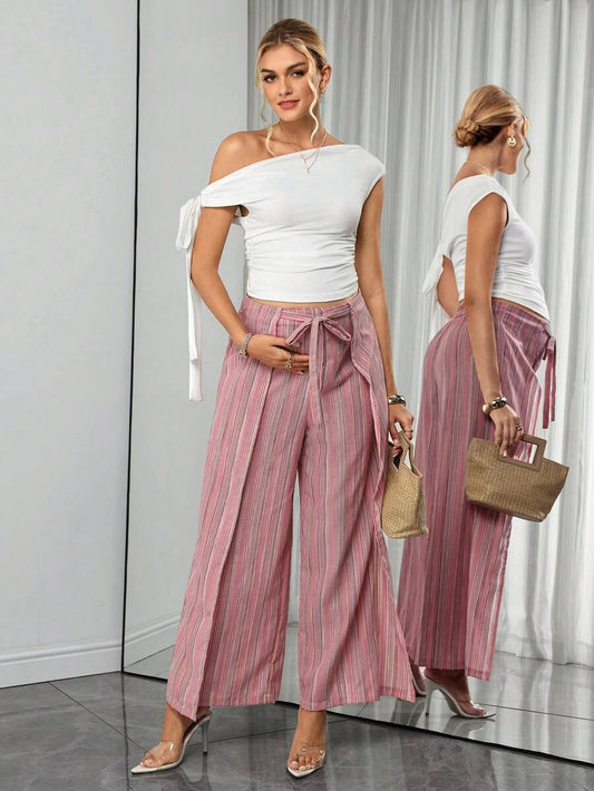 Baby Pink Striped Maternity Pants Set - Elegant Elastic Waist Wide Leg Trousers - Casual Two Piece Summer Holiday Outfit for Pregnant Women